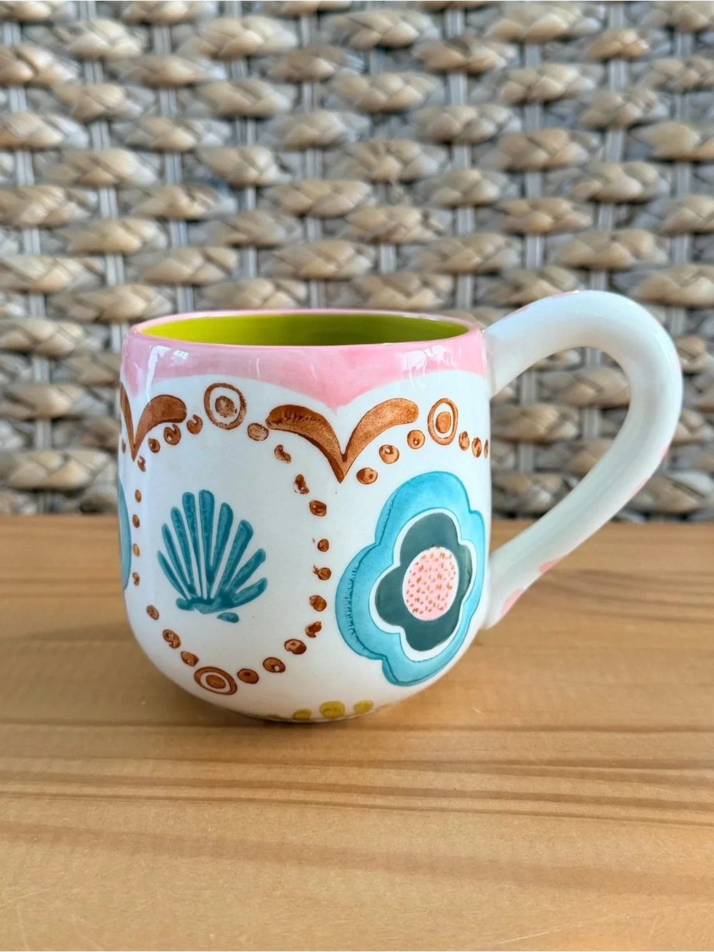 Retired ANTHROPOLOGIE Tropical Floral Seashell AGATA Mug Blue Pink Green